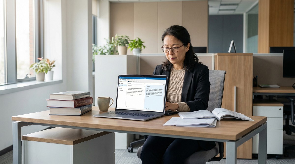 Human translator working with AI translation technology in professional setting - combining human expertise with artificial intelligence