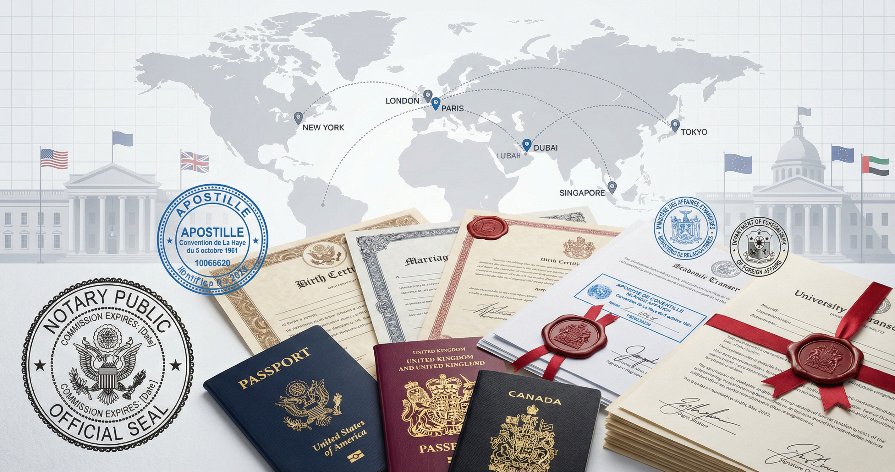 World map showing certified translation and document legalization processes for all countries with apostille and embassy authentication requirements