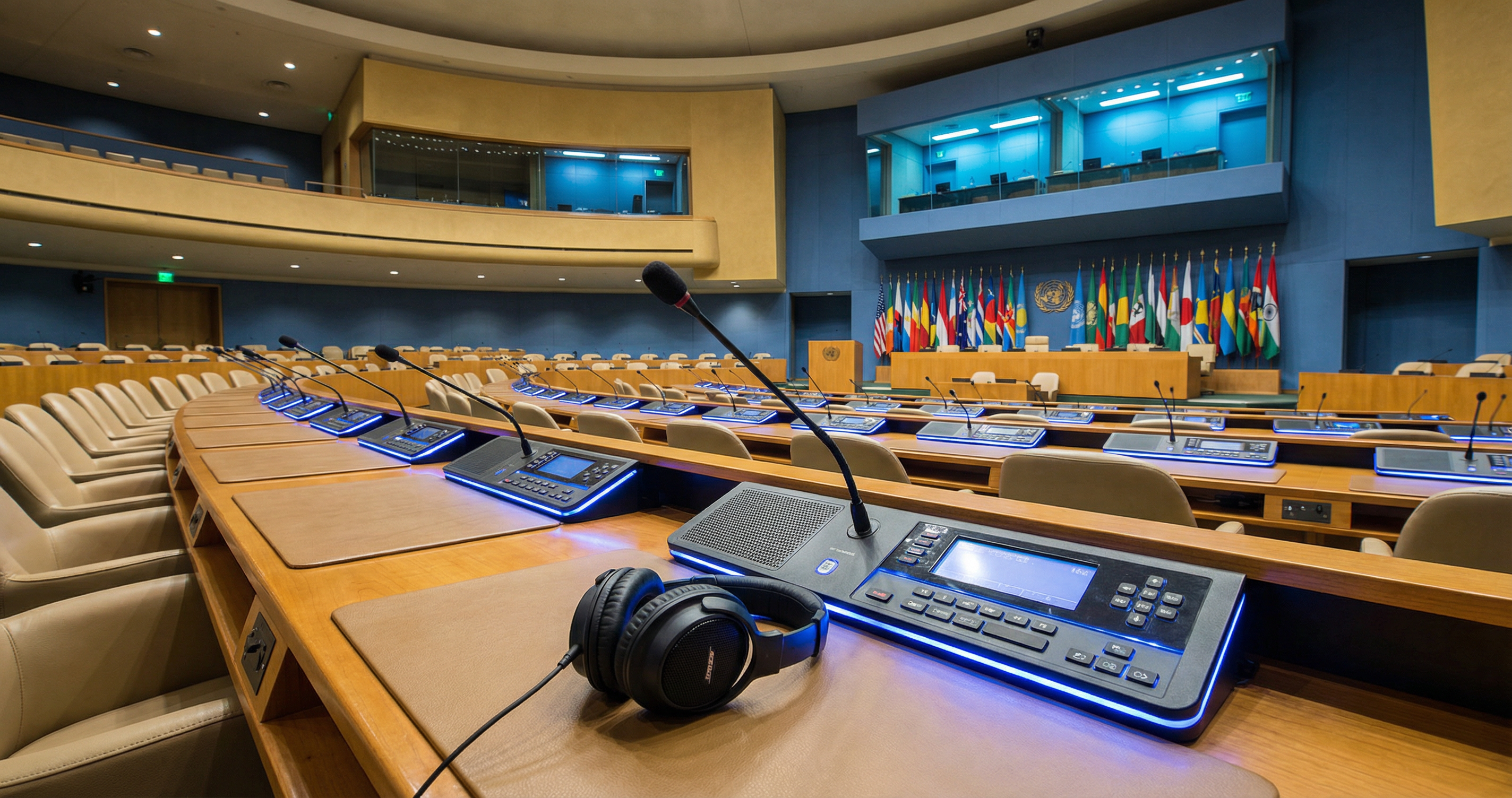 UN conference interpreter in a soundproof booth at the United Nations General Assembly