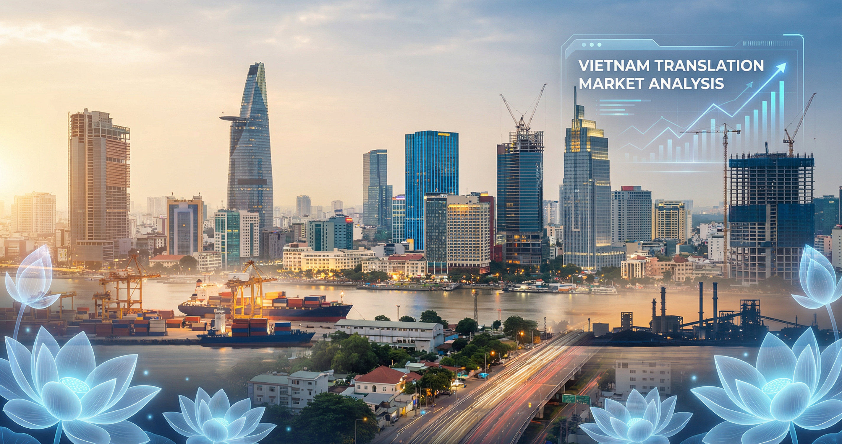 Vietnam translation market analysis - Ho Chi Minh City skyline and Hanoi landmarks representing the VND 1.5-2.5 trillion language services market