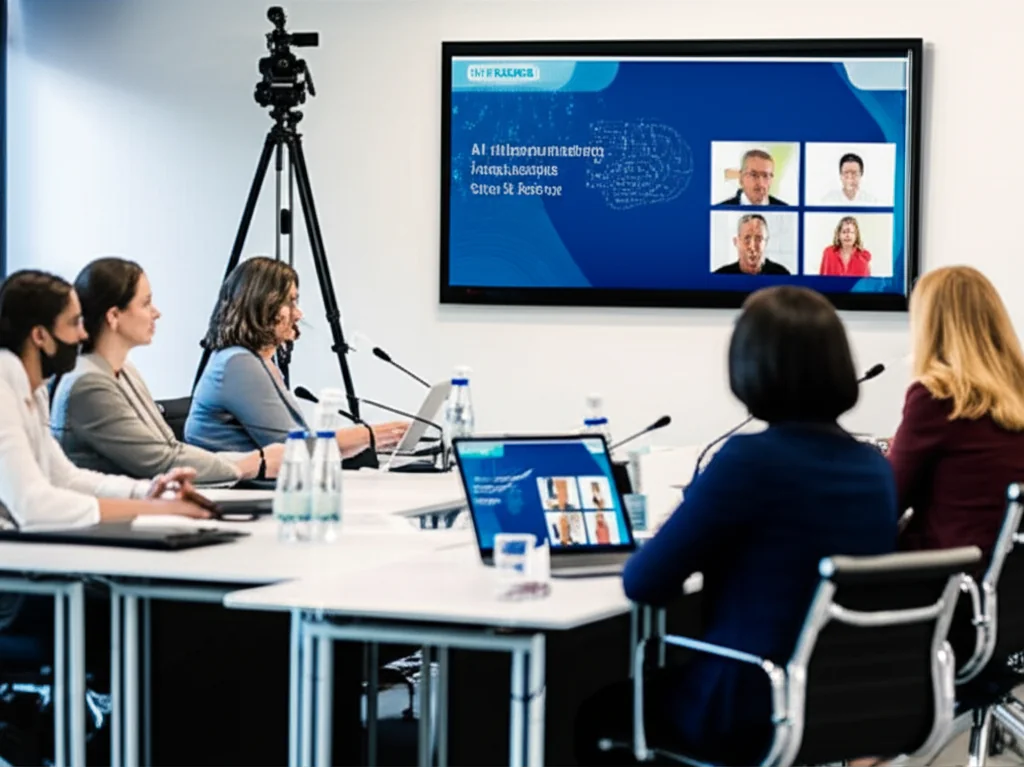 Hybrid event with AI interpretation connecting in-person and remote participants