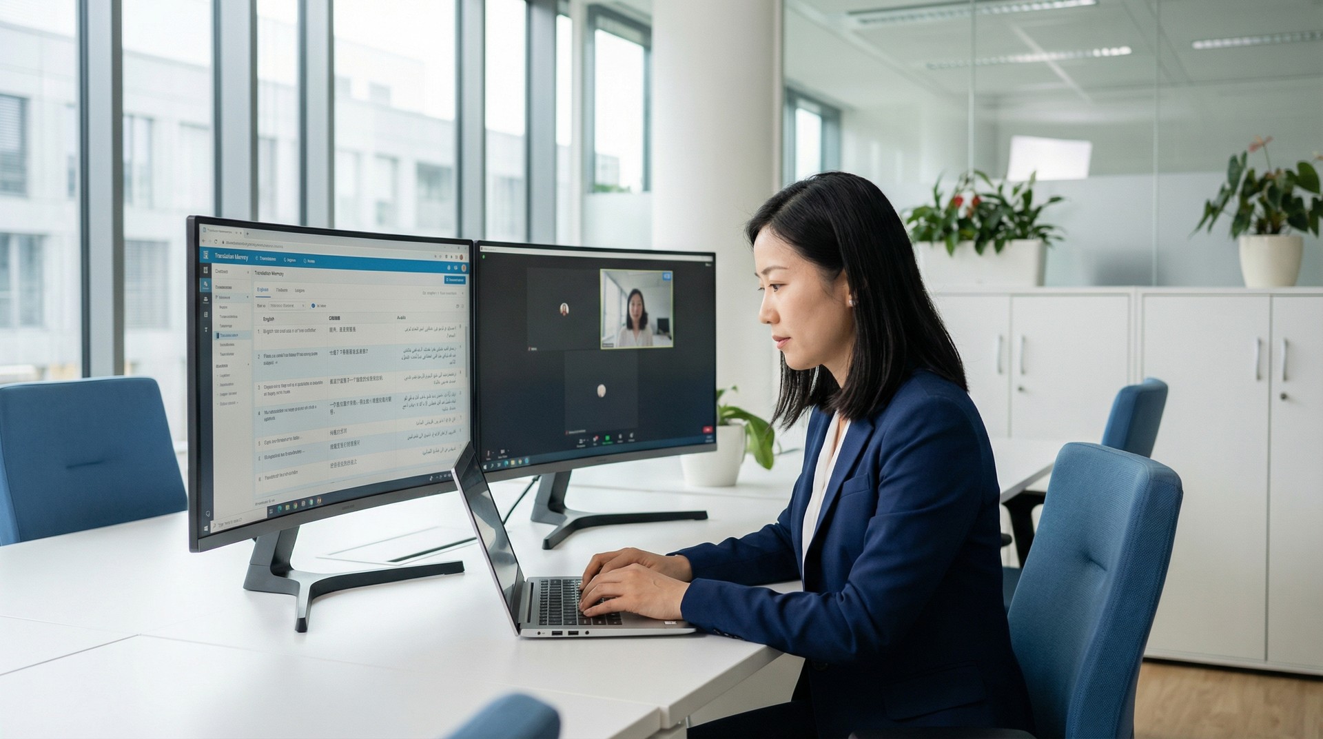 Professional translator using AI-assisted translation software in modern office - Translife Group