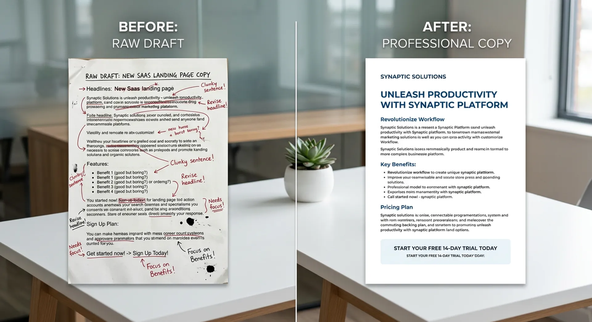 Professional copywriting transformation showing before and after comparison of marketing content