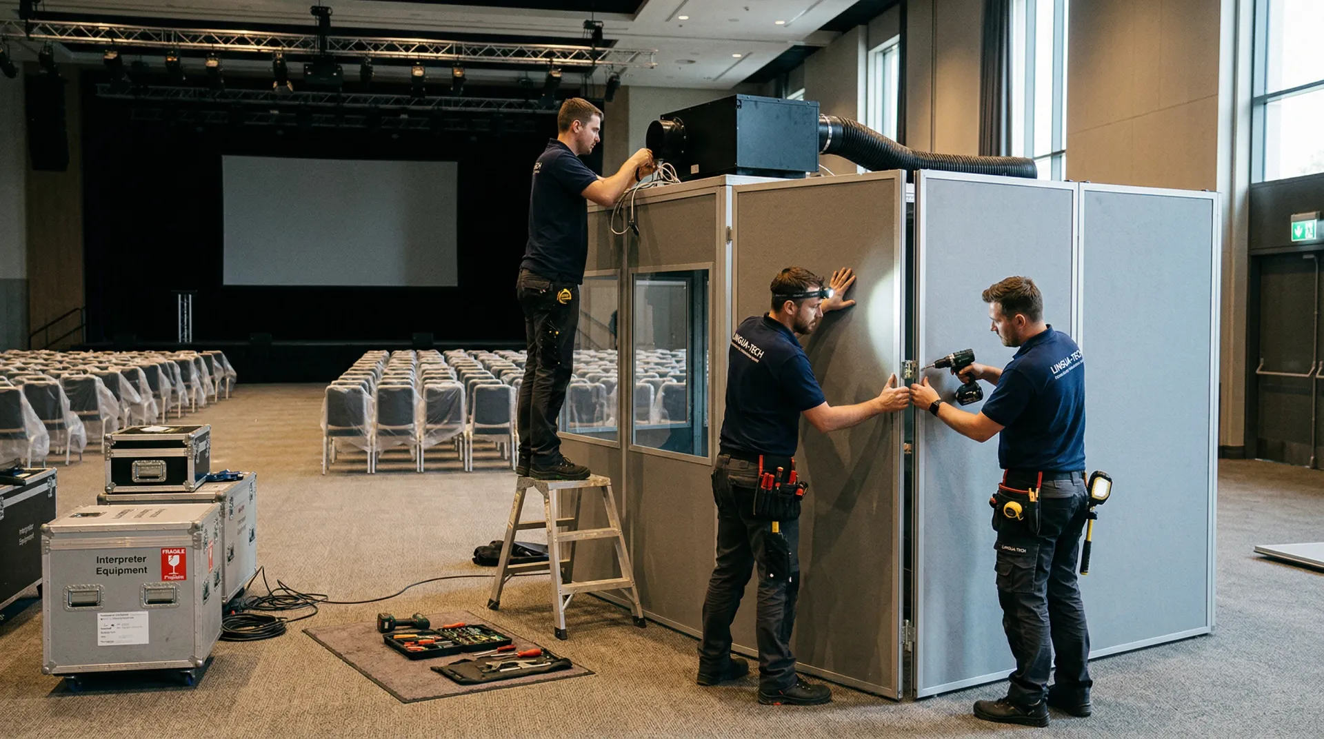 Technical team installing interpreter booth at venue
