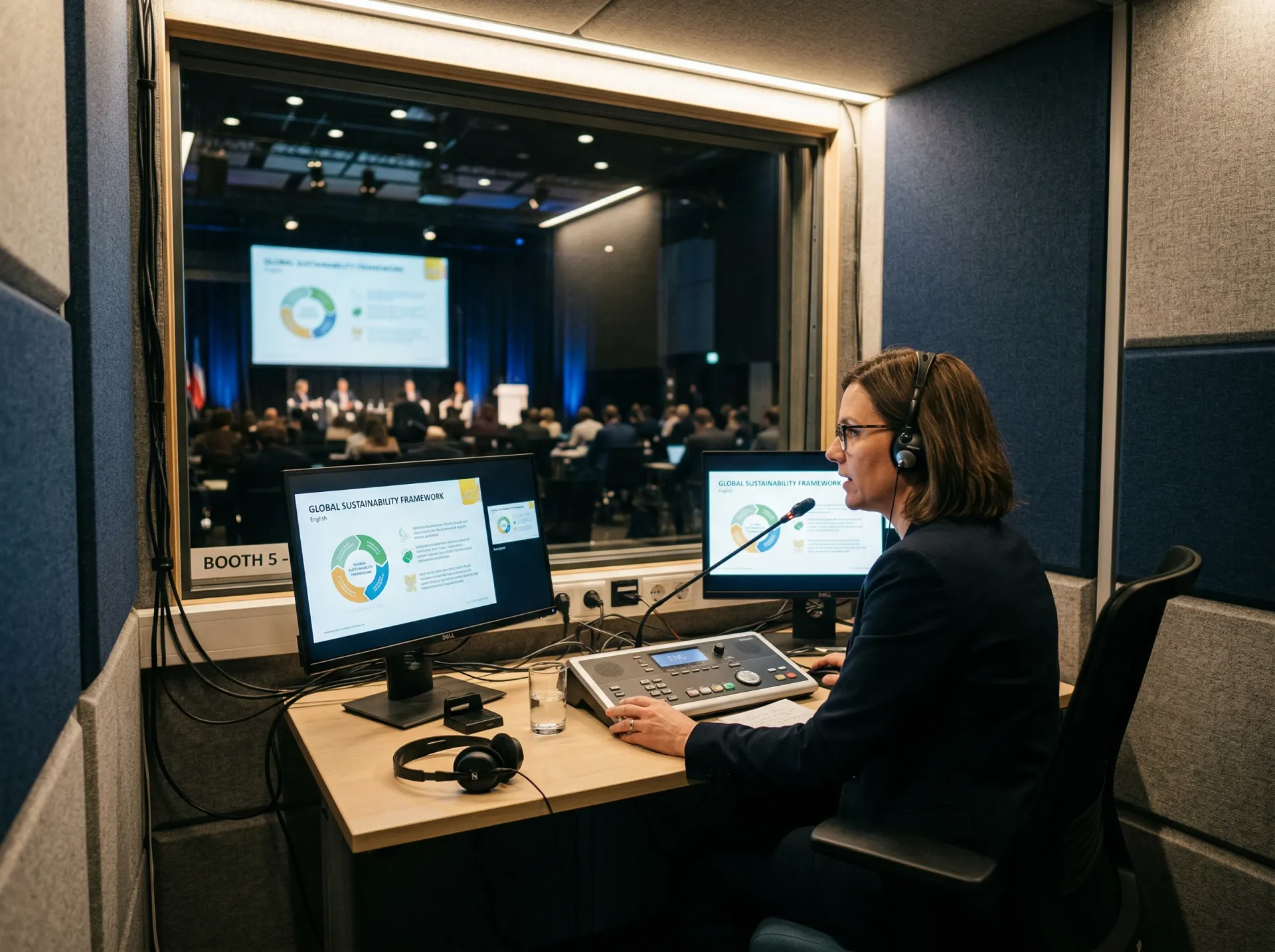 Interpreter console with audio controls and monitors