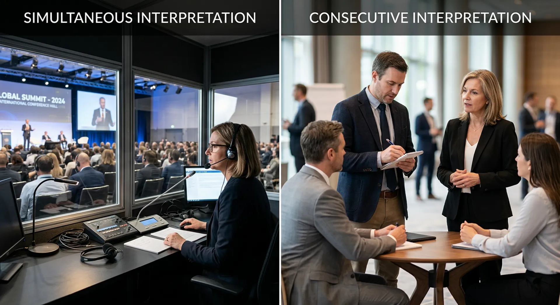 Simultaneous vs Consecutive interpretation comparison - showing booth setup versus meeting setup