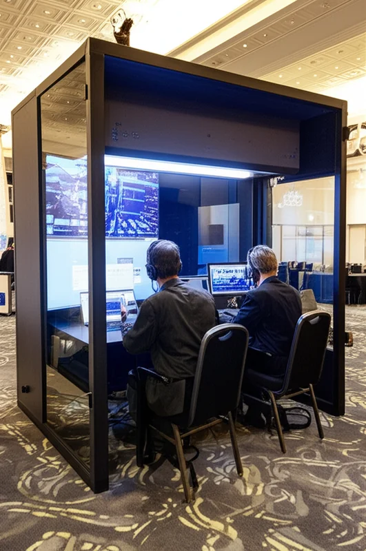 Professional simultaneous interpretation booth with interpreters at conference