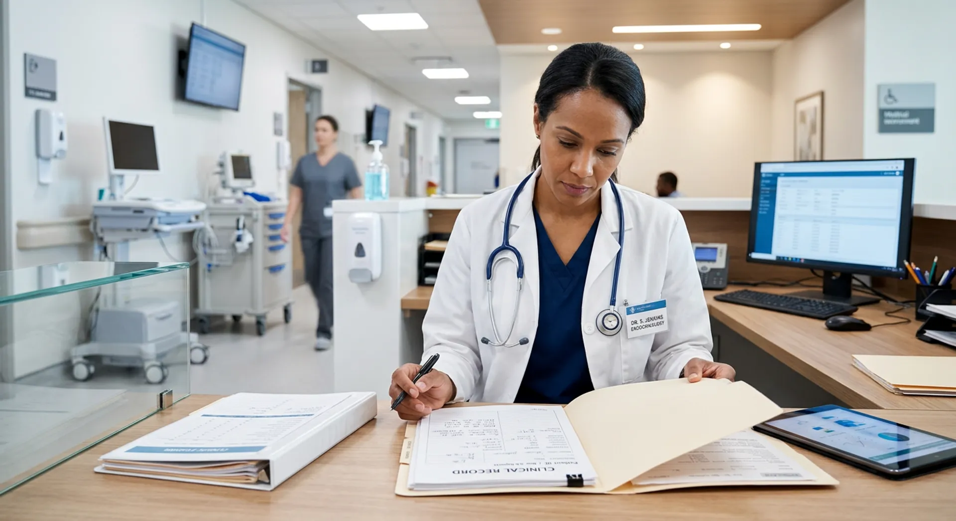 Medical professional reviewing patient records and healthcare documents for accurate translation