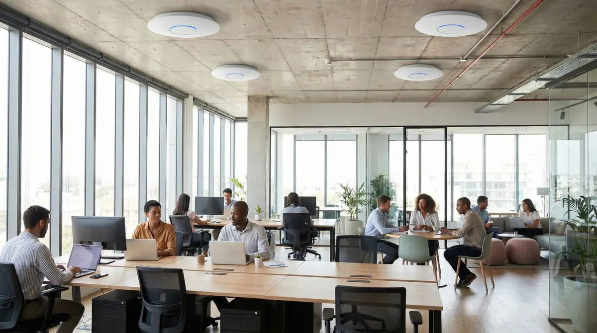 Illustrative multi-zone commercial interior used to explain hospitality WiFi coverage planning