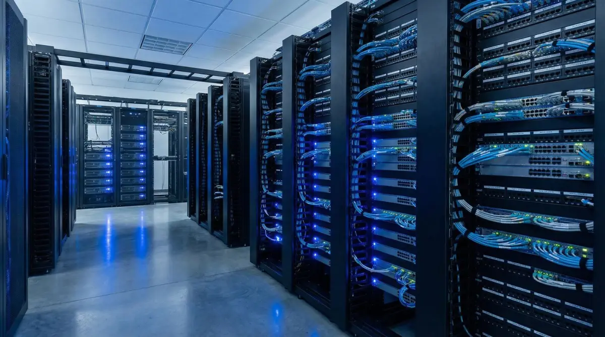 Illustrative organised network racks used to explain factory core and distribution infrastructure