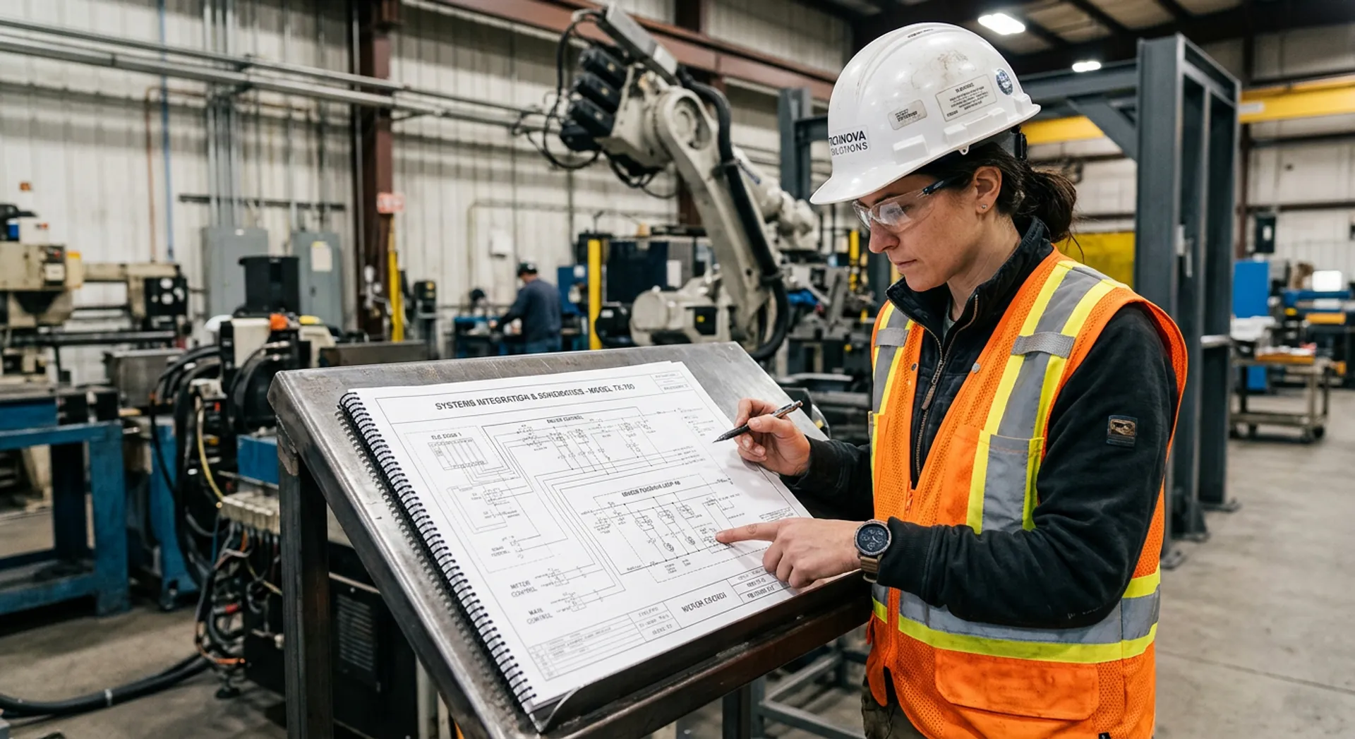 Technical engineer reviewing manual translation with engineering specifications and diagrams