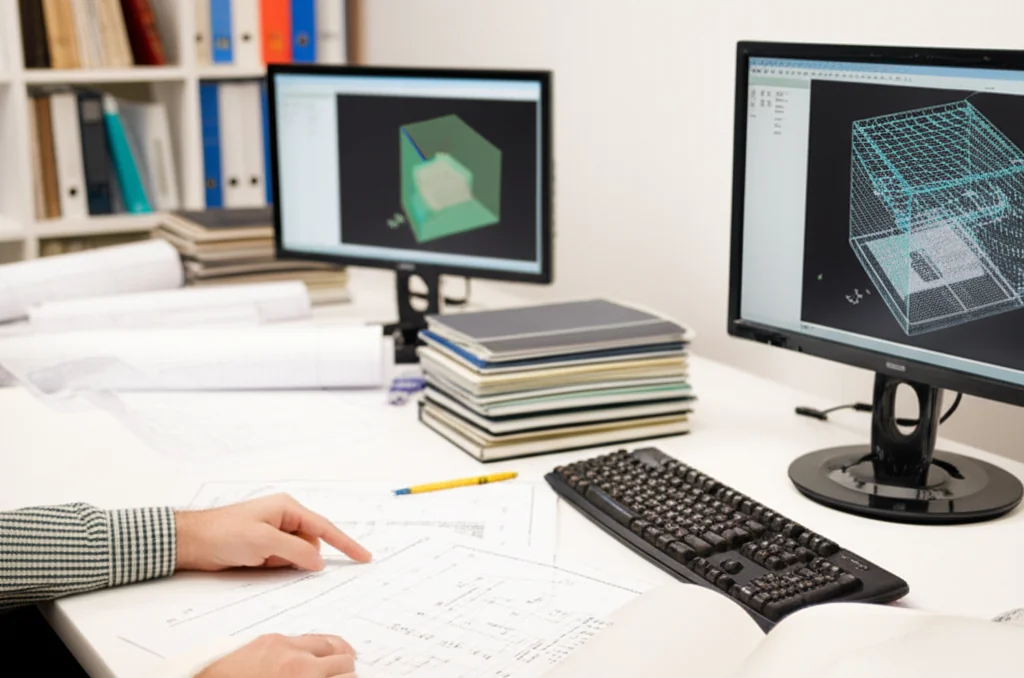 Engineering translator reviewing technical specifications and drawings