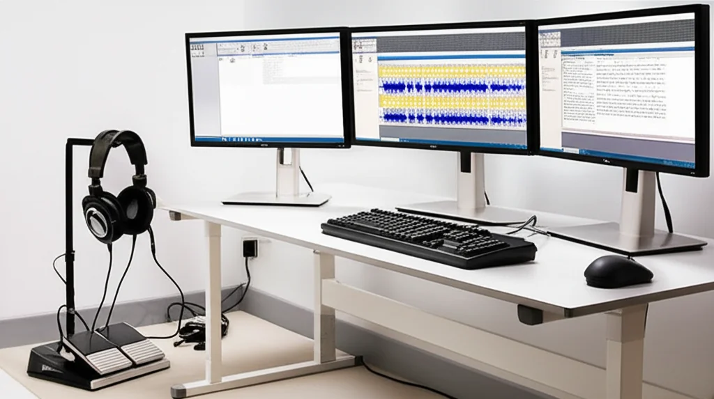 Professional transcriptionist working with audio files and transcription software